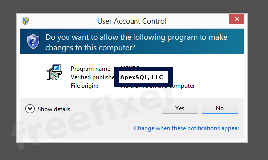 Screenshot where ApexSQL, LLC appears as the verified publisher in the UAC dialog